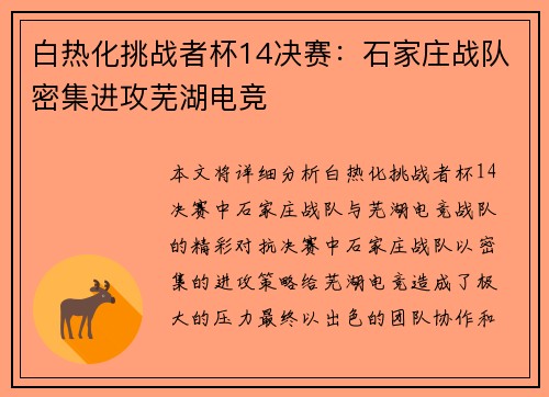 白热化挑战者杯14决赛：石家庄战队密集进攻芜湖电竞